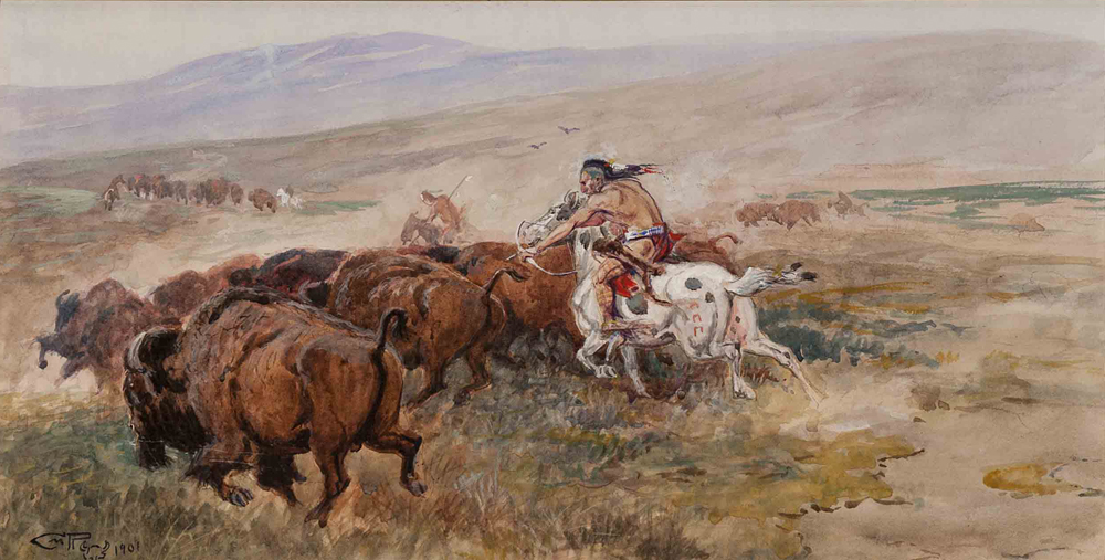 Charles Russell (1864-1926) Buffalo Hunt, watercolor on paper