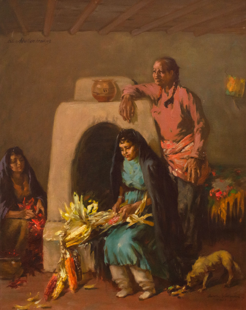 Hullenkremer-Odon-1888-1978-San-Juan-Indians-Husking-Corn-oil-on-canvas