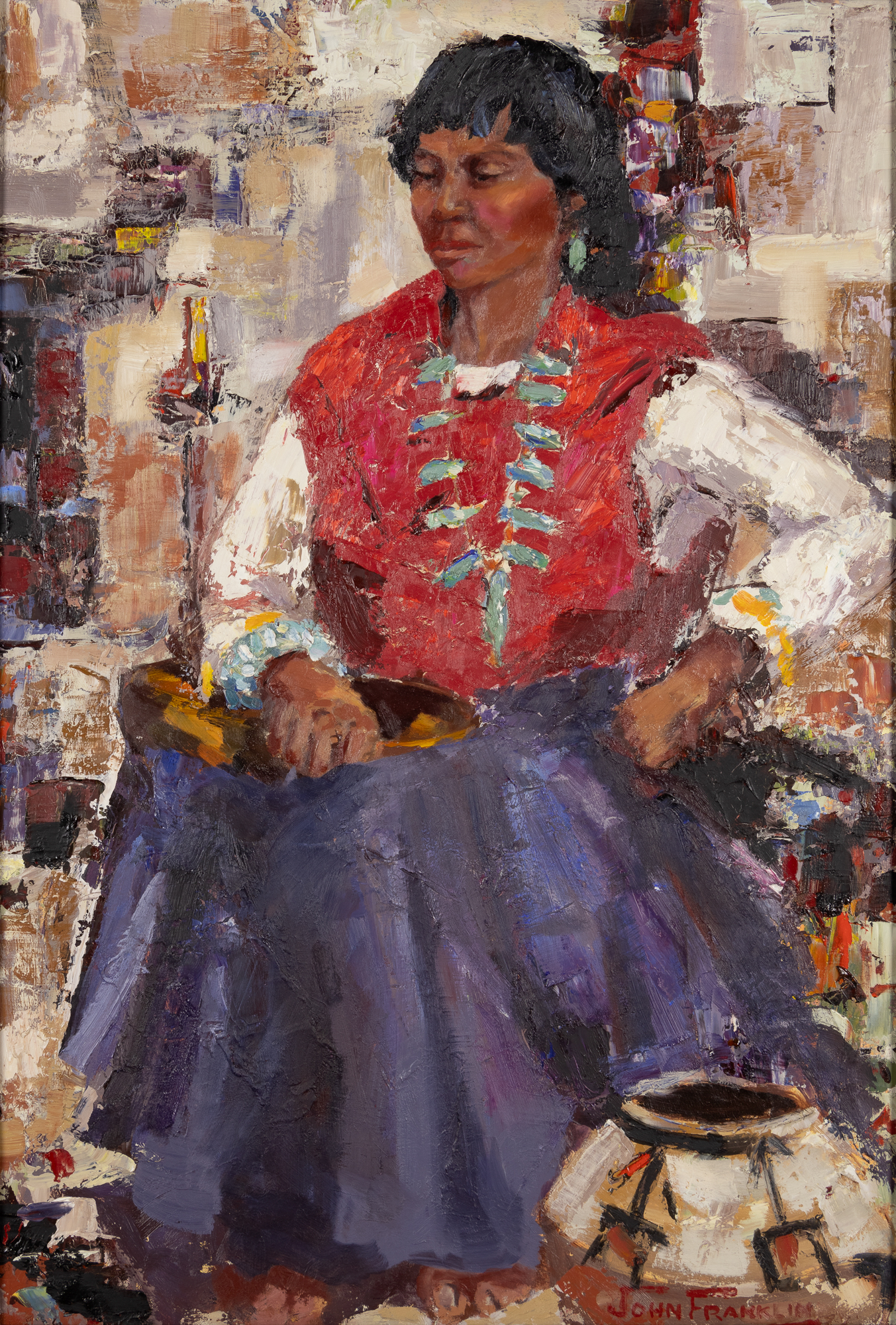 John Franklin (1925-2010) Indian Woman atop Adobe oil on board 18 x 14
