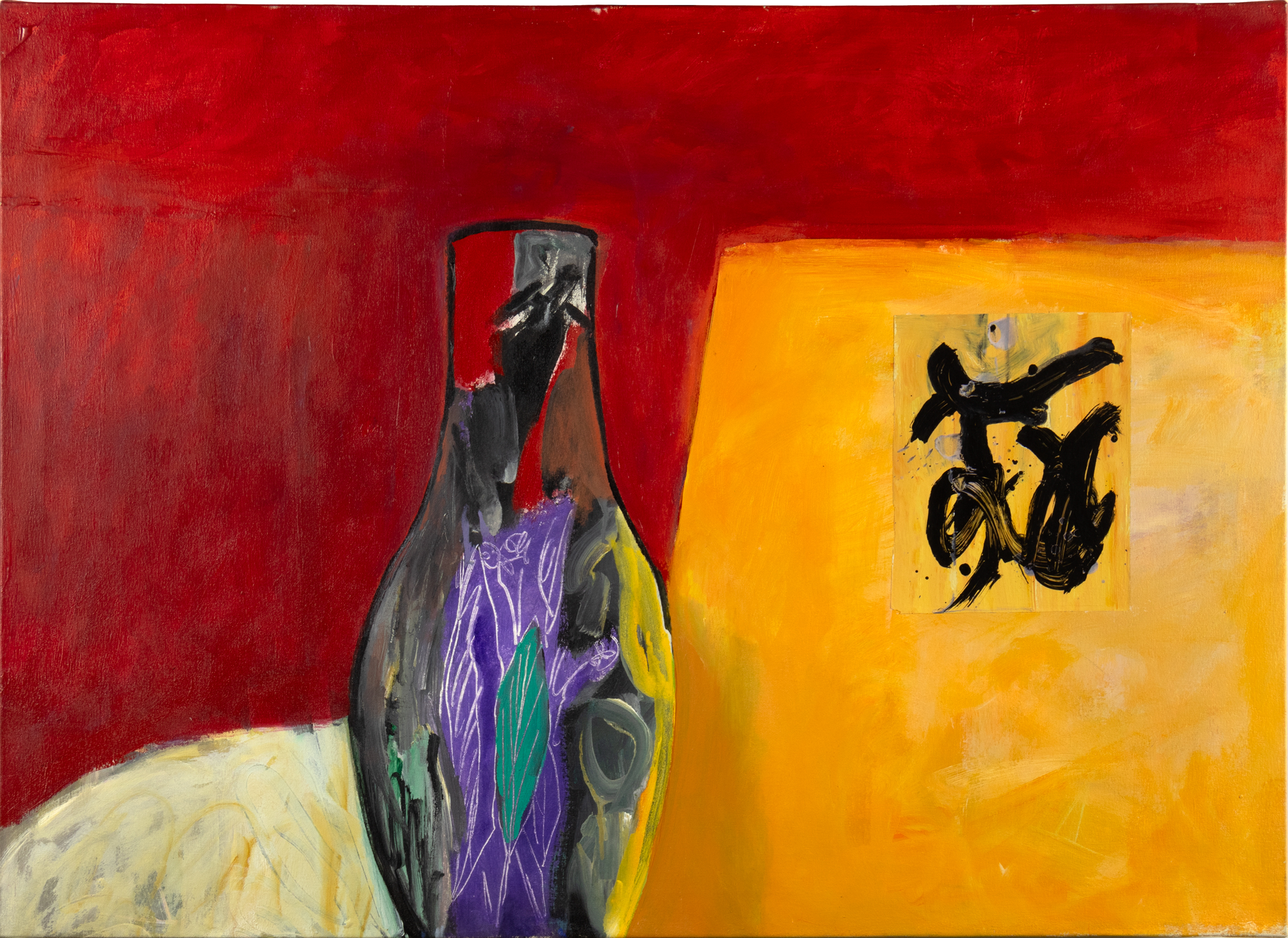 Harold Garde (1923-2022) A Red Room (White Table) acrylic and strappo on canvas 31 x 43