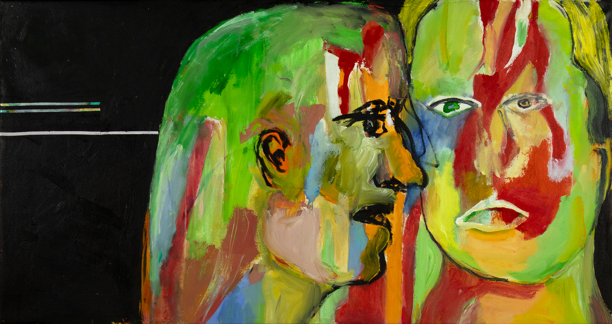 Harold Garde (1923-2022) Annunciator / Tale Teller acrylic and strappo on canvas 30 x 56