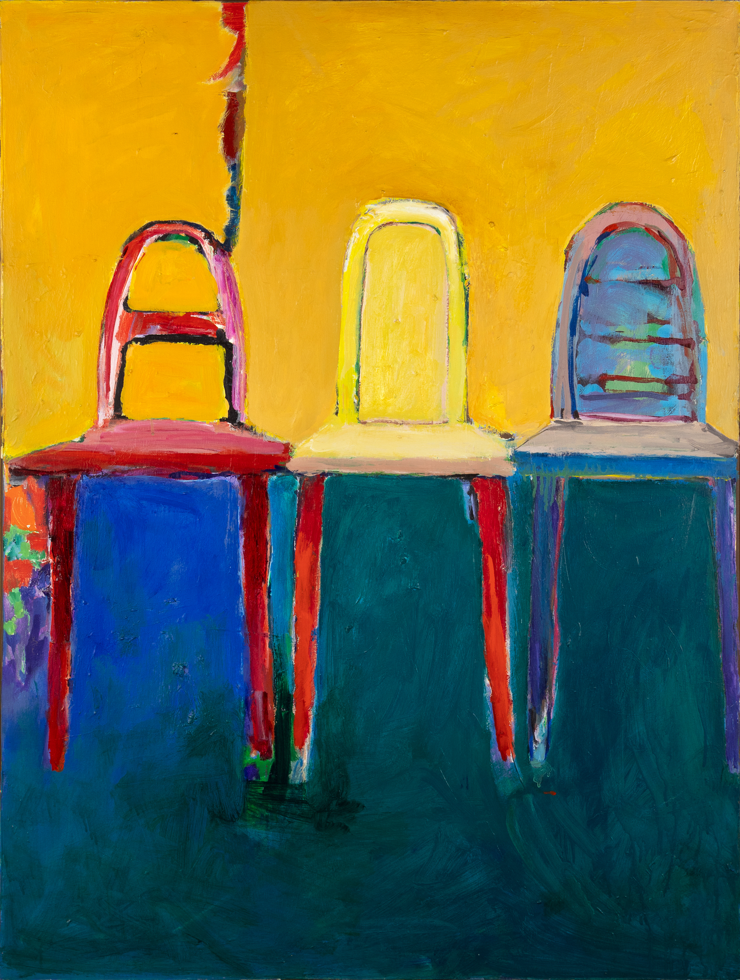 Harold Garde (1923-2022) Three Chairs, 1985, 1986, 1987, 1989 acrylic on canvas 48 x 36
