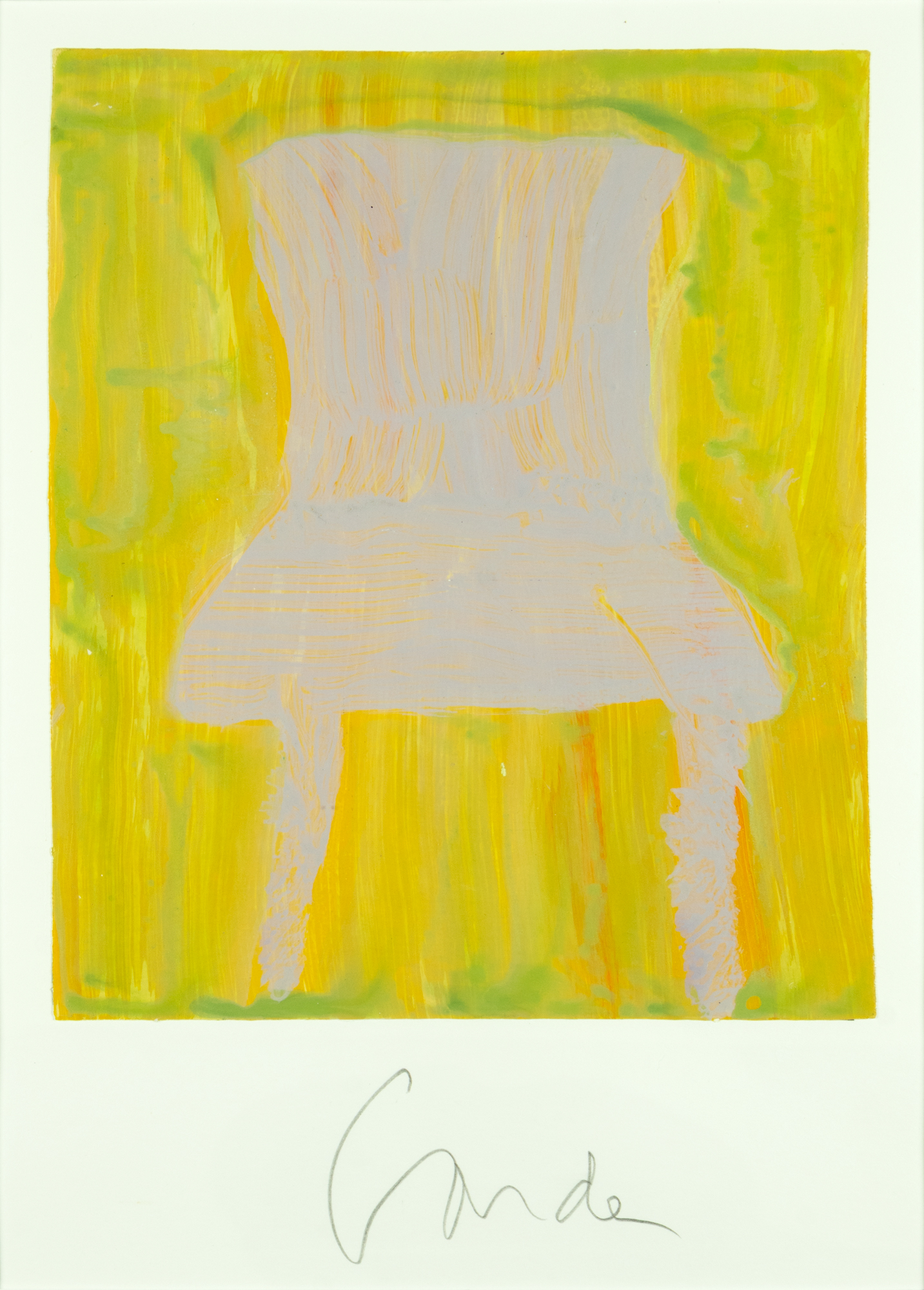 Harold Garde (1923-2022) White Chair on Yellow and Green strappo on paper 13 x 9