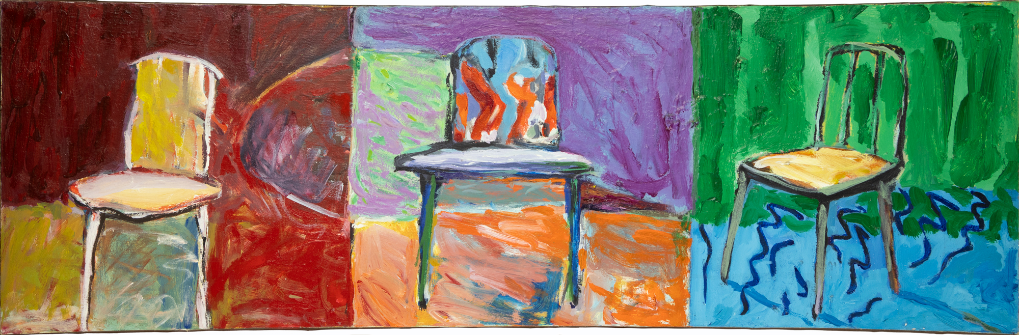 Harold Garde (1923-2022) Whimsical Chairs, 1983 acrylic on canvas 16 x 48 3/4