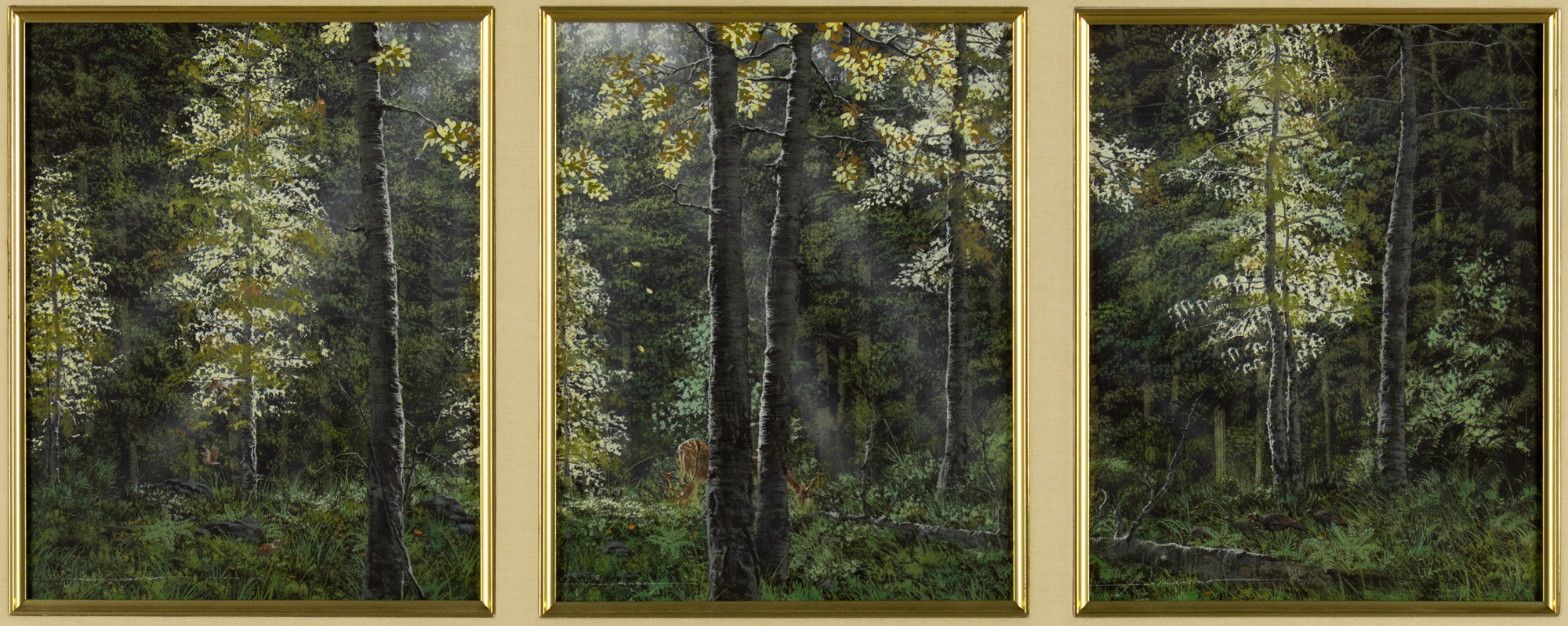 Frank Magsino (1937- ) Home in the Forest Triptych acrylic on panel 9 3/4 x 7 3/4 (each)