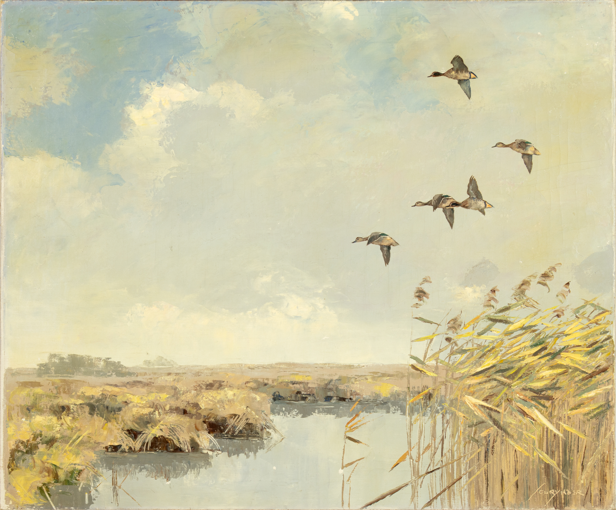 Josephus Schrijnder (1894-1968) Eurasian Teals in Flight oil on canvas 20 x 24